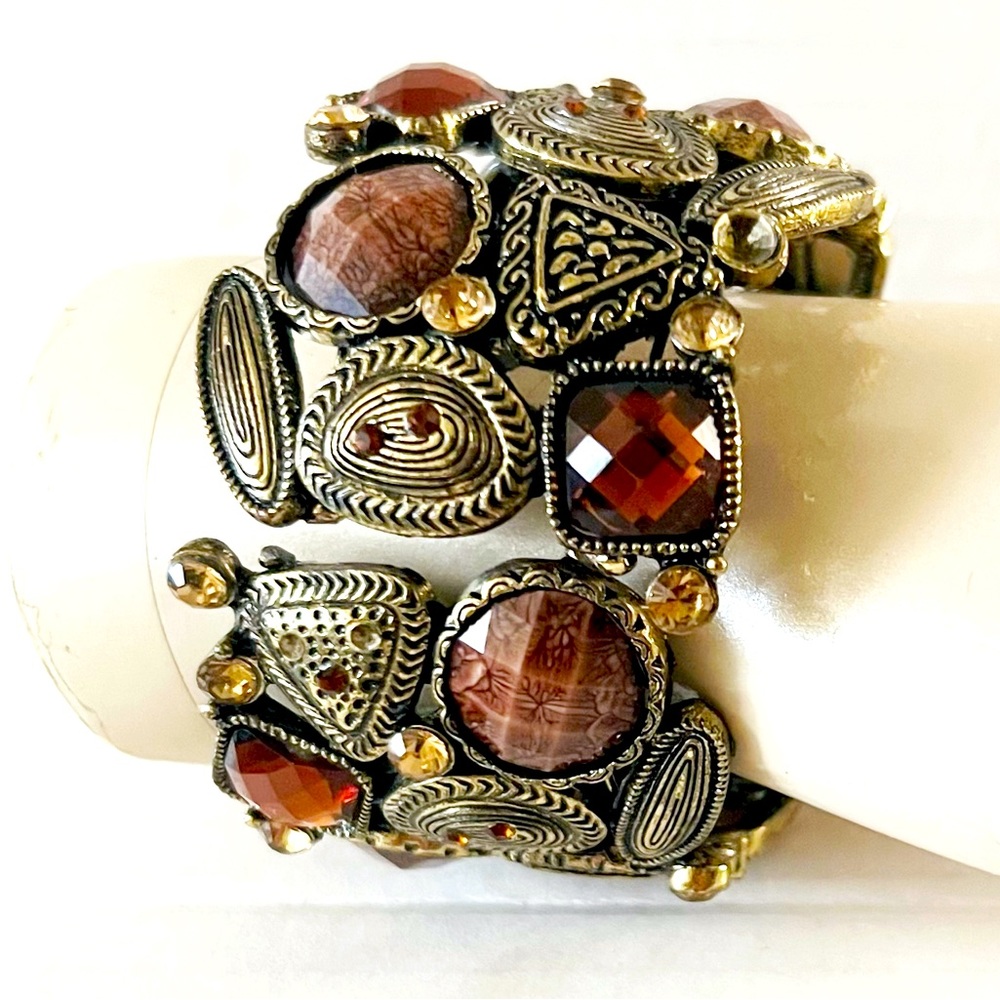 Statement Cuff Bracelet Amber And Rhinestone - image 1